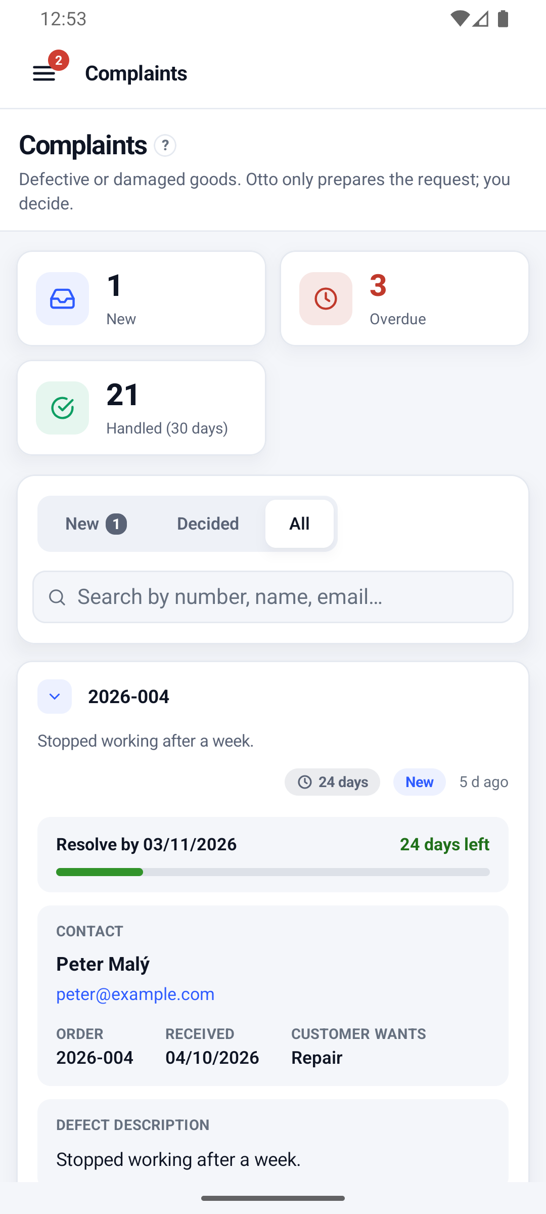 Android app: Complaints with the request for order 2026-004 expanded, its deadline and the customer’s contact