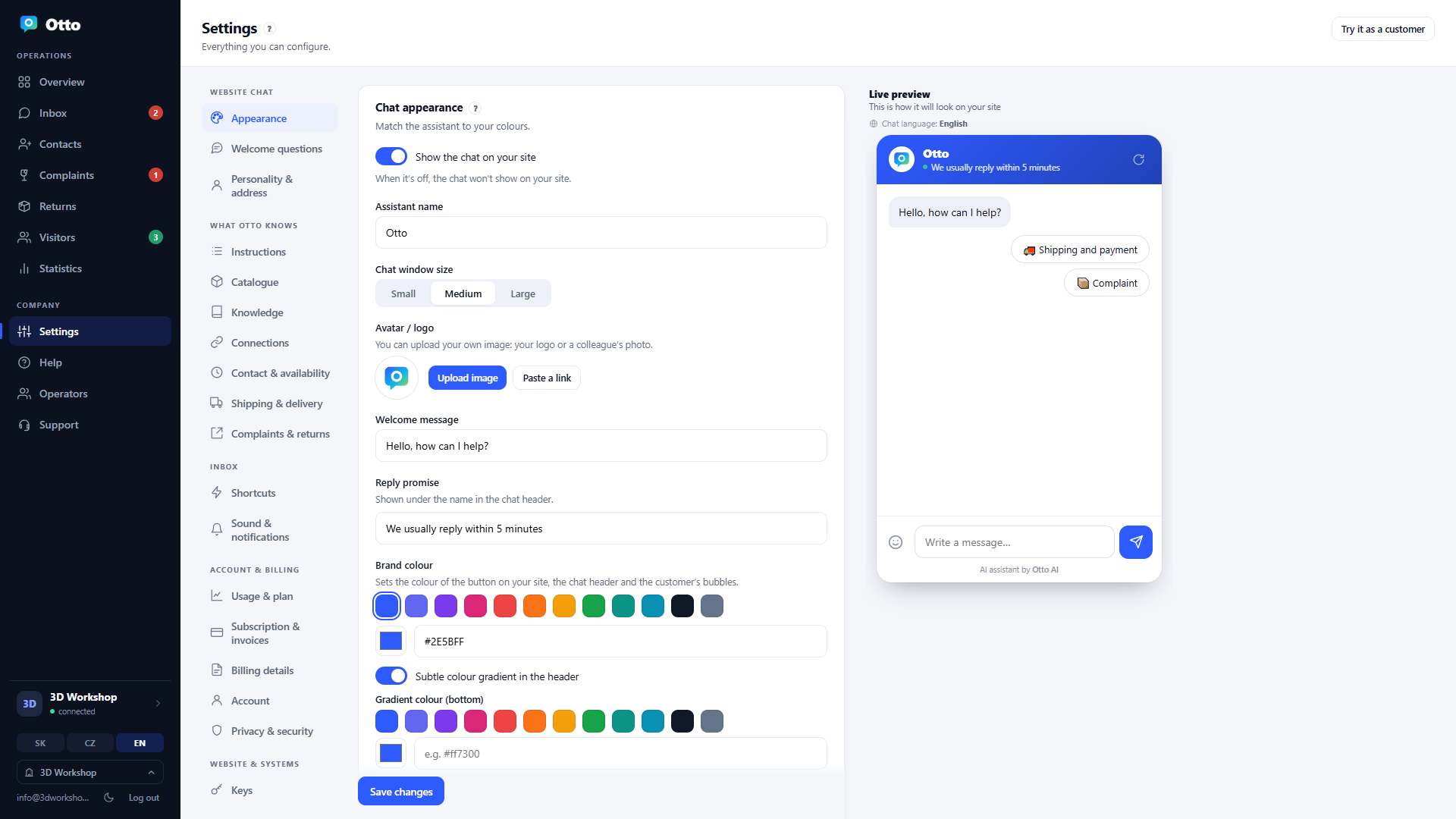 Panel settings: chat appearance with the assistant’s name, window size, welcome message and colour, and a live preview of the widget